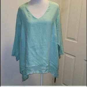 La Fixsun Aqua Green 100% Linen V Neck Double Layer Top Blouse Tunic